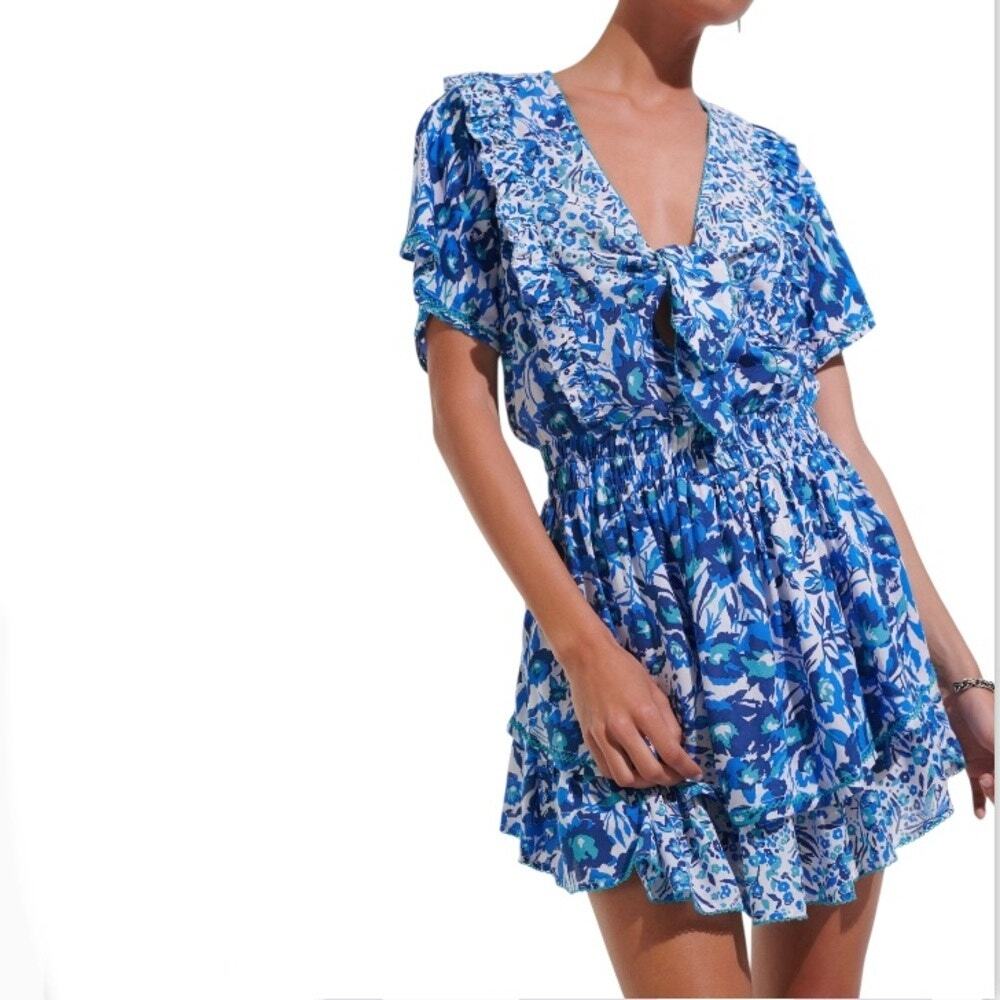 Poupette St Barth Alyson Resort Boho Mini Dress Blue Nuances NWT Small